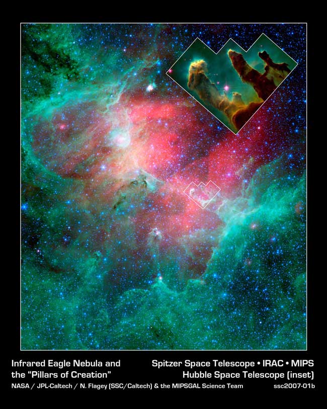 Composición de imágenes tomadas por el telescopio espacial Spitzer en varios filtros de la nebulosa del Águila destacando la zona de Los Pilares de la Creación.