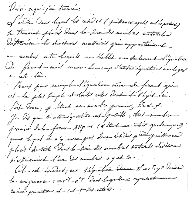 Carta de Sophie a Gauss en 1819 sobre la demostración del teorema de Fermat