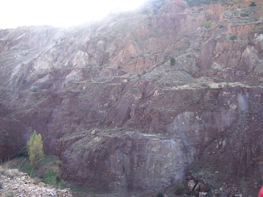 Imagen de la pared de roca donde se aprecian los materiales del Ordovícico. Se trata de las intercalaciones rojas de dolomías que pasaron a lacasitas ricas en hierro.